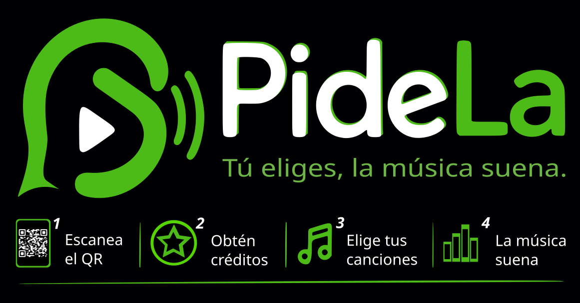 Como funciona PideLa: escanea el QR, obten creditos, elige canciones y la musica suena